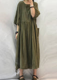 Momentlover French Grey Oversized Patchwork Drawstring Wrinkled Cotton Dress Half Sleeve LY1765