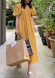 Momentlover French Yellow V Neck Wrinkled Patchwork Cotton Long Dress Summer LY1752