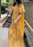 Momentlover French Yellow V Neck Wrinkled Patchwork Cotton Long Dress Summer LY1752