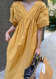 Momentlover French Yellow V Neck Wrinkled Patchwork Cotton Long Dress Summer LY1752