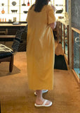 Momentlover French Yellow V Neck Wrinkled Patchwork Cotton Long Dress Summer LY1752