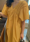 Momentlover French Yellow V Neck Wrinkled Patchwork Cotton Long Dress Summer LY1752