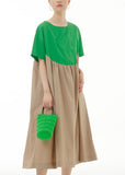 Momentlover Green Patchwork Cotton Vacation Dresses O Neck Wrinkled Summer LY1157