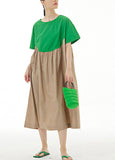 Momentlover Green Patchwork Cotton Vacation Dresses O Neck Wrinkled Summer LY1157