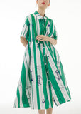 Momentlover Green Striped Patchwork Button Cotton Long Dress Short Sleeve LY1196