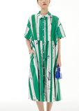 Momentlover Green Striped Patchwork Button Cotton Long Dress Short Sleeve LY1196