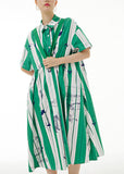 Momentlover Green Striped Patchwork Button Cotton Long Dress Short Sleeve LY1196