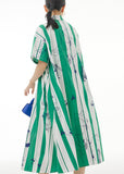 Momentlover Green Striped Patchwork Button Cotton Long Dress Short Sleeve LY1196