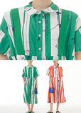 Momentlover Green Striped Patchwork Button Cotton Long Dress Short Sleeve LY1196