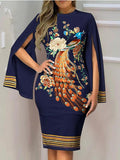 Momentlover Plus Size Peacock Floral Print Striped Bodycon Dress AT9666