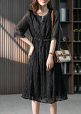 Momentlover Handmade Black O-Neck Lace Patchwork Tie Waist Silk Maxi Dress Summer LY1777