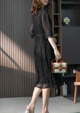 Momentlover Handmade Black O-Neck Lace Patchwork Tie Waist Silk Maxi Dress Summer LY1777