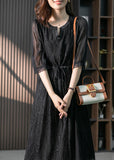 Momentlover Handmade Black O-Neck Lace Patchwork Tie Waist Silk Maxi Dress Summer LY1777