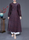 Momentlover Handmade Black O-Neck Patchwork Print Wrinkled Silk Dress Lantern Sleeve LY1974
