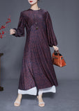 Momentlover Handmade Black O-Neck Patchwork Print Wrinkled Silk Dress Lantern Sleeve LY1974