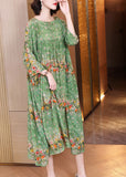 Momentlover Handmade Green Print Wrinkled Patchwork Silk Long Dress Long Sleeve LY1796