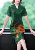 Momentlover Handmade Green V Neck Print Slim Fit Silk Long Dress Summer LY1677