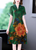 Momentlover Handmade Green V Neck Print Slim Fit Silk Long Dress Summer LY1677