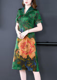 Momentlover Handmade Green V Neck Print Slim Fit Silk Long Dress Summer LY1677