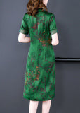 Momentlover Handmade Green V Neck Print Slim Fit Silk Long Dress Summer LY1677