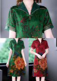 Momentlover Handmade Green V Neck Print Slim Fit Silk Long Dress Summer LY1677