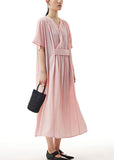 Momentlover Handmade Pink V Neck Wrinkled Patchwork Cotton Dress Summer LY1159