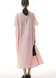 Momentlover Handmade Pink V Neck Wrinkled Patchwork Cotton Dress Summer LY1159