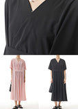 Momentlover Handmade Pink V Neck Wrinkled Patchwork Cotton Dress Summer LY1159