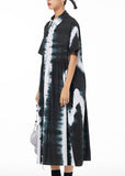 Momentlover Italian Black Peter Pan Collar Wrinkled Tie Dye Patchwork Cotton Shirts Dress Summer LY1275