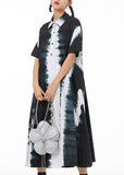 Momentlover Italian Black Peter Pan Collar Wrinkled Tie Dye Patchwork Cotton Shirts Dress Summer LY1275