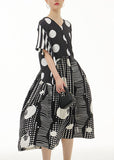 Momentlover Italian Black V Neck Asymmetrical Design Print Chiffon Dress Summer LY1219