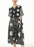 Momentlover Italian Black V Neck Asymmetrical Design Print Chiffon Dress Summer LY1219