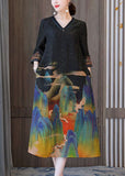 Momentlover Italian Black V Neck Cinched Print Silk Holiday Dress Spring LY1729