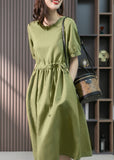 Momentlover Italian Green Ruffled Solid Linen Long Dresses Summer LY1751