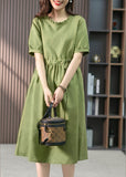 Momentlover Italian Green Ruffled Solid Linen Long Dresses Summer LY1751