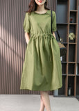 Momentlover Italian Green Ruffled Solid Linen Long Dresses Summer LY1751