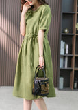 Momentlover Italian Green Ruffled Solid Linen Long Dresses Summer LY1751