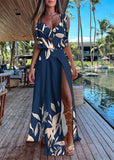 Momentlover Italian Navy Blue V Neck Asymmetrical Print Tunic Side Open Maxi Dress Summer LY1979