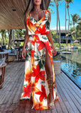 Momentlover Italian Navy Blue V Neck Asymmetrical Print Tunic Side Open Maxi Dress Summer LY1979