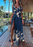 Momentlover Italian Navy Blue V Neck Asymmetrical Print Tunic Side Open Maxi Dress Summer LY1979