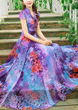 Momentlover Italian Purple Stand Collar Print Chiffon Maxi Beach Dresses Summer LY1729
