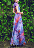 Momentlover Italian Purple Stand Collar Print Chiffon Maxi Beach Dresses Summer LY1729