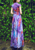 Momentlover Italian Purple Stand Collar Print Chiffon Maxi Beach Dresses Summer LY1729