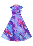 Momentlover Italian Purple Stand Collar Print Chiffon Maxi Beach Dresses Summer LY1729
