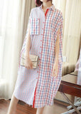 Momentlover Italian White Oversized Patchwork Plaid Cotton Shirt Dress Summer LY1469