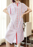 Momentlover Italian White Oversized Patchwork Plaid Cotton Shirt Dress Summer LY1469