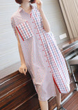 Momentlover Italian White Oversized Patchwork Plaid Cotton Shirt Dress Summer LY1469