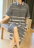 Momentlover Loose Black Peter Pan Collar Striped Side Open Shirt Dress Summer LY1491