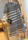 Momentlover Loose Black Peter Pan Collar Striped Side Open Shirt Dress Summer LY1491