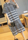 Momentlover Loose Black Peter Pan Collar Striped Side Open Shirt Dress Summer LY1491